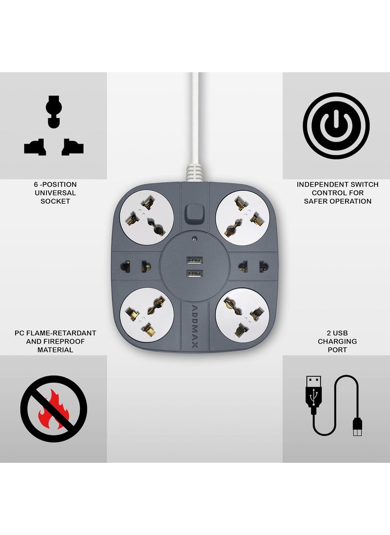 ADDMAX ADDMAX Extension Cord with USB Port 10 Amp 220V5060Hz 6 Socket Outlet with 2 USB Port Fire Flame Proof USB Charging Port18 Meter Cord Multi Plug Extension Board for Home Office Grey  - Image 5