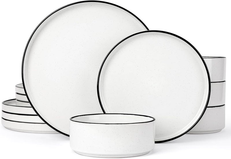Famiware Nebula Plates and Bowls Sets for 4 12 Pieces Stoneware Dinnerware Set Microwave and Dishwasher Safe Dishes Set White with Black Rim - Image 1