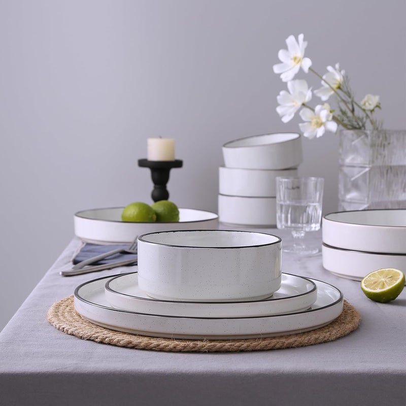 Famiware Nebula Plates and Bowls Sets for 4 12 Pieces Stoneware Dinnerware Set Microwave and Dishwasher Safe Dishes Set White with Black Rim - Image 5