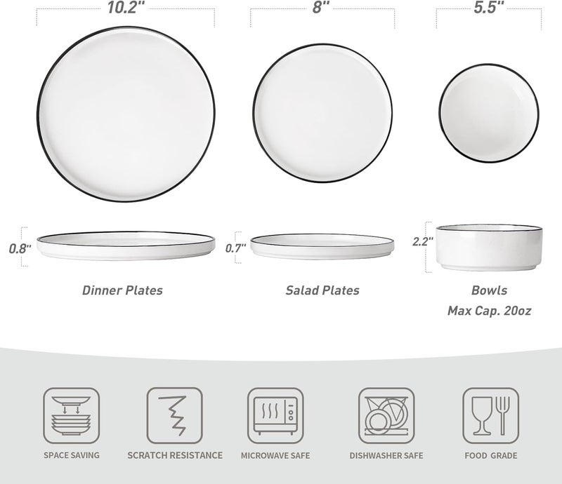 Famiware Nebula Plates and Bowls Sets for 4 12 Pieces Stoneware Dinnerware Set Microwave and Dishwasher Safe Dishes Set White with Black Rim - Image 2