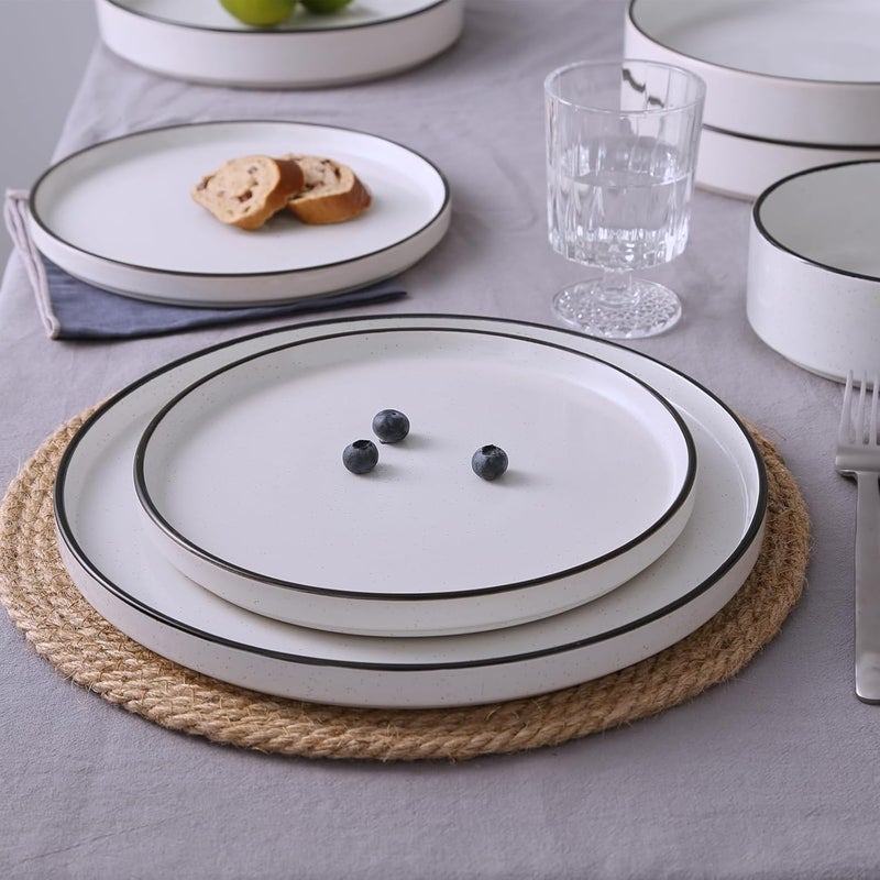 Famiware Nebula Plates and Bowls Sets for 4 12 Pieces Stoneware Dinnerware Set Microwave and Dishwasher Safe Dishes Set White with Black Rim - Image 4