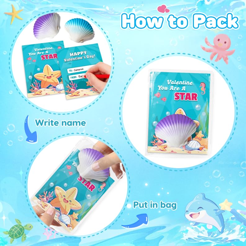 TooyBing Valentines Day Cards for Kids School, 30 Pack Valentines Day Gifts for Kids School with Hatching Shells, Marine Life Blind Boxes for Classroom Prize Exchange, Party Favors, Goodie Bag Stuffer - Image 3
