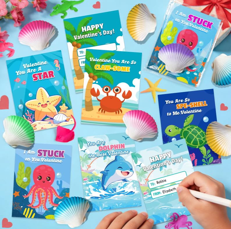 TooyBing Valentines Day Cards for Kids School, 30 Pack Valentines Day Gifts for Kids School with Hatching Shells, Marine Life Blind Boxes for Classroom Prize Exchange, Party Favors, Goodie Bag Stuffer - Image 5