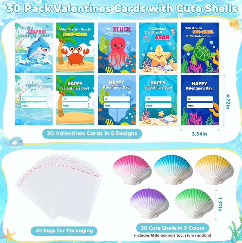 TooyBing Valentines Day Cards for Kids School, 30 Pack Valentines Day Gifts for Kids School with Hatching Shells, Marine Life Blind Boxes for Classroom Prize Exchange, Party Favors, Goodie Bag Stuffer - Image 2