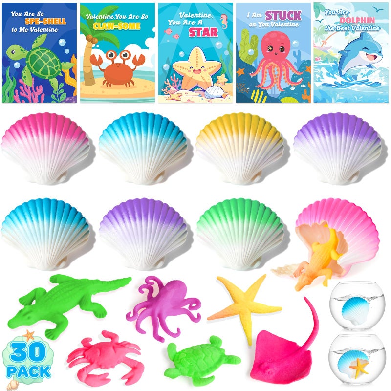 TooyBing Valentines Day Cards for Kids School, 30 Pack Valentines Day Gifts for Kids School with Hatching Shells, Marine Life Blind Boxes for Classroom Prize Exchange, Party Favors, Goodie Bag Stuffer - Image 1