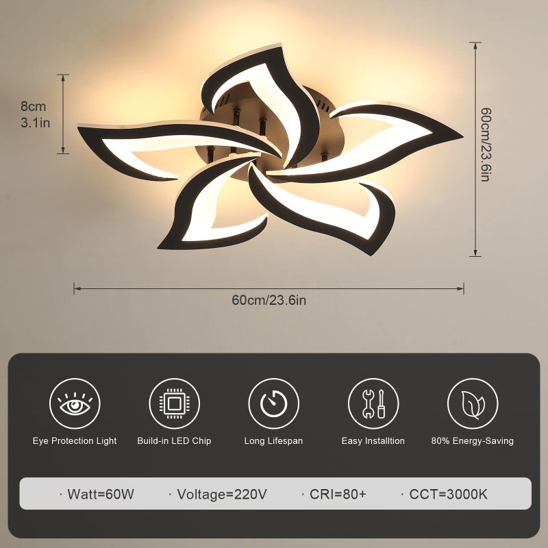 Dorlink LED Ceiling Light Modern, 5 Lights Living Room Ceiling Light 60W 5400LM, Bedroom Black Ceiling Lamp, Flower LED Lamps 6500K Cool White, Ceiling Fixture for Kids Room, Kitchen, Dining Room - Image 2