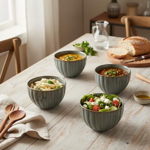 Beyond Homes Ceramic Serving Bowl Set of 4, 300 ml | Glossy Finish Microwave Safe Kharbuja, Melon Bowls for Kitchen, Ceramic Dinnerware Katori for Dal, Desserts & Snacks | Set of 4, Green Brown - Image 3
