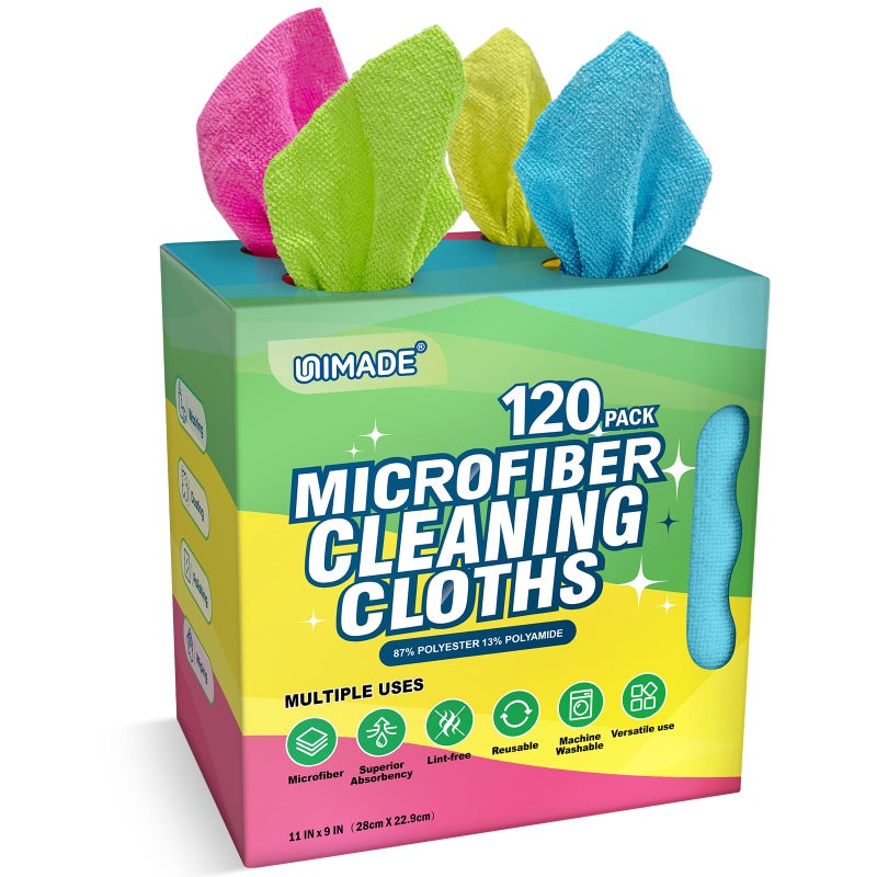 UNIMADE Microfiber Cleaning Cloth 120 Pack Reusable Paper Towels Microfiber Towels for Cars Lint Free Shop Rags with for Home Kitchen Automotive 11x 9 Pink Yellow Green Blue - Image 2