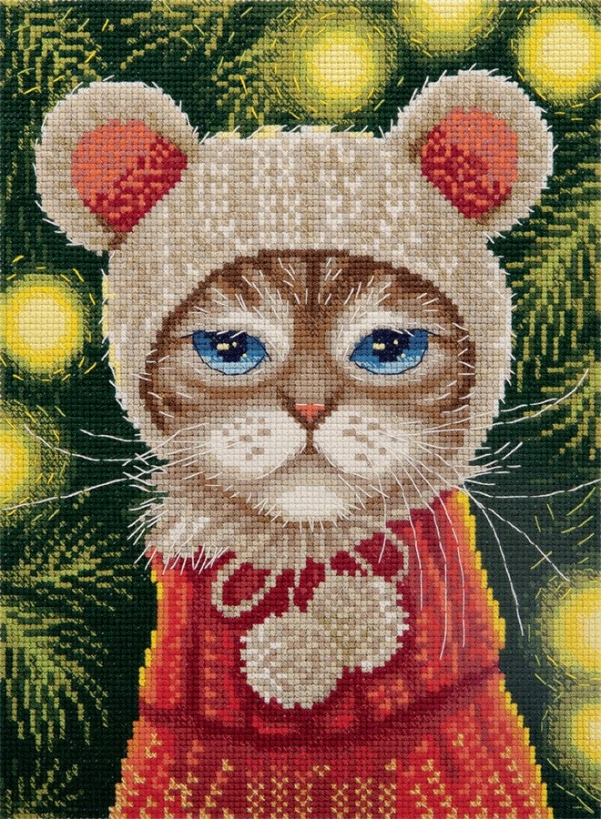 PANNA - Counted Cross Stitch Kit - Festive Mood Cat - PR-7263 - Pre-Sorted Thread - Cross Stitch Patterns - Crafts for Adults - Aida - 6.25 x 8.25 Inches - Image 1