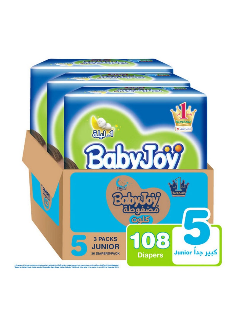 Baby Joy BabyJoy Compressed Culotte Pant Style Diapers, 108 Pieces, Size 5 Junior, 12-18kg, 12 Hours Leakproof Protection, Soft Cotton Touch, Wide Barriers 