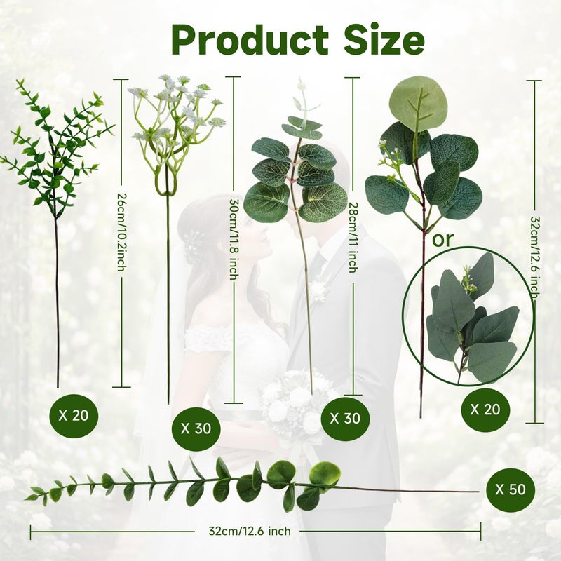 Autokcan 150 Packs 5 Kinds Artificial Greenery Stems Mixed Artificial Eucalyptus Wedding Bouquet Bulk Fake Eucalyptus Stems Greenery Leaves for Vase Wedding Home Table Decor DIY Bouquets (Green) - Image 3