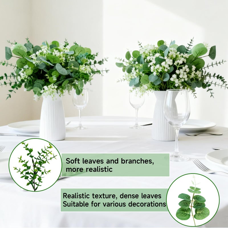 Autokcan 150 Packs 5 Kinds Artificial Greenery Stems Mixed Artificial Eucalyptus Wedding Bouquet Bulk Fake Eucalyptus Stems Greenery Leaves for Vase Wedding Home Table Decor DIY Bouquets (Green) - Image 4