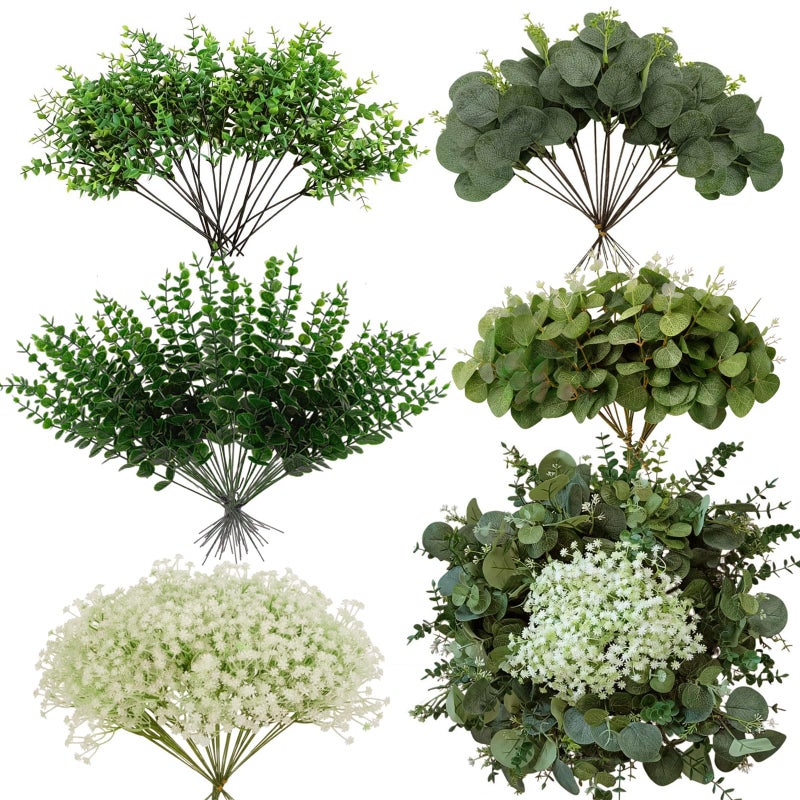 Autokcan 150 Packs 5 Kinds Artificial Greenery Stems Mixed Artificial Eucalyptus Wedding Bouquet Bulk Fake Eucalyptus Stems Greenery Leaves for Vase Wedding Home Table Decor DIY Bouquets (Green) - Image 1