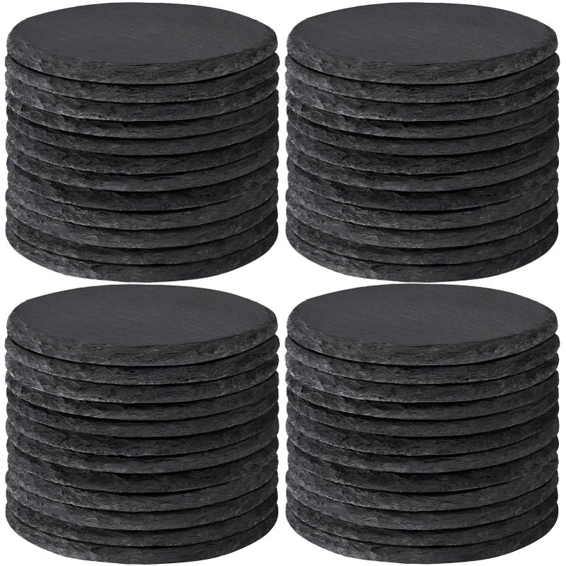 48 Pcs Slate Drinks Coasters MAPRIAL 4 Inch Handmade Black Rustic Rock Stone Coaster Set Laser Engraving Blanks with AntiScratch Backing for Engraver Home Decor Bar Gifts Round