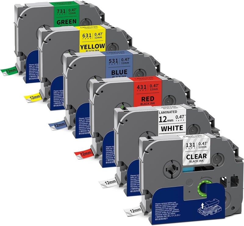 6-Pack 12mm 0.47 Inch شريط آلة وضع العلامات متعدد الألوان بديل لشريط Brother TZe-231 TZ لـ P Touch PT-H110 D210 D220 D400 (أبيض على أسود/أزرق/أصفر/أخضر/وردي/ليموني أخضر) - Image 1
