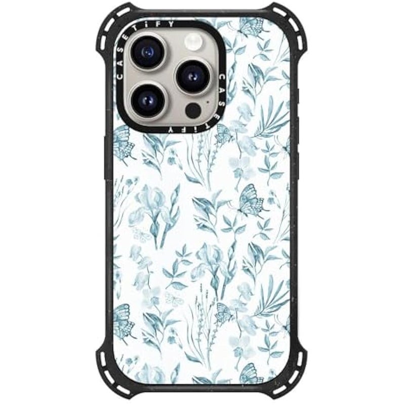 Casetify Bounce iPhone 15 Pro Case 【6X Military Grade Drop Tested / 21.3ft Drop Protection/Compatible with Magsafe】 - Elegant Pastel Blue Vintage erfly Floral - Triple Black - Image 1