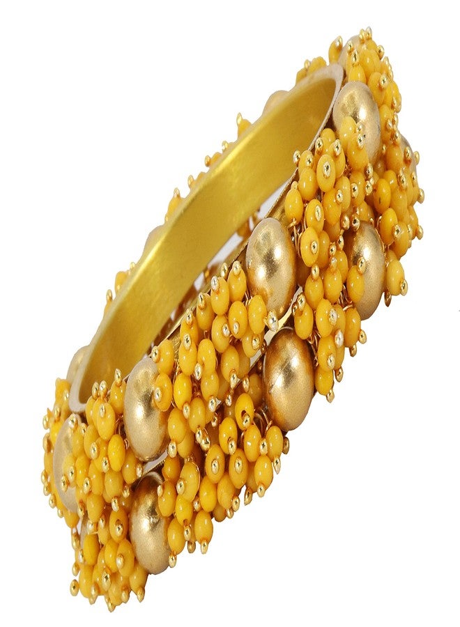 ZULKA Non-Precious Metal with Pearl and Ball Studded Glossy Finished Kada Set For Women and Girls, (Yellow_2.4 Inches), Pack of 2 Kada - Image 1