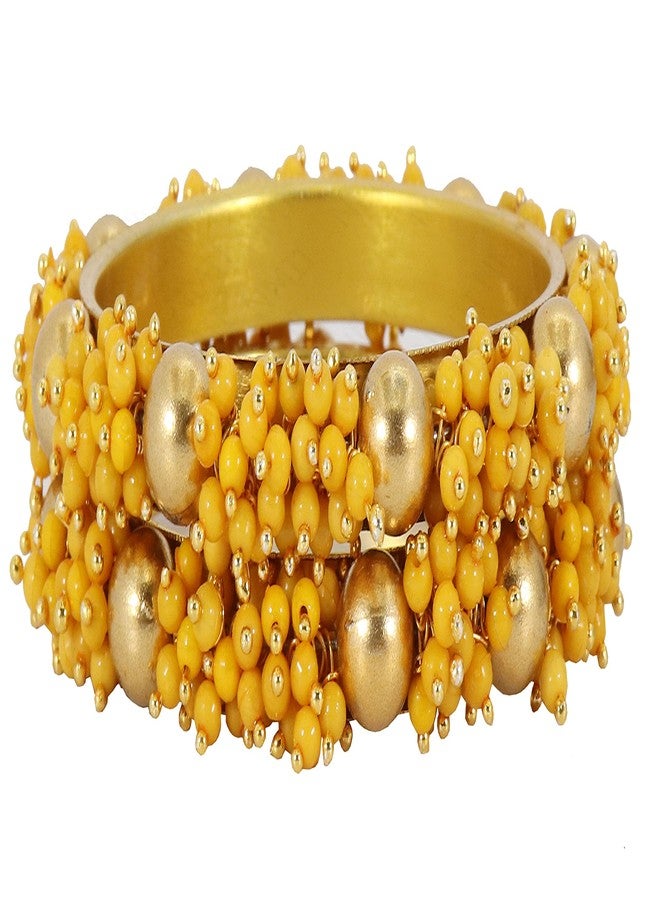 ZULKA Non-Precious Metal with Pearl and Ball Studded Glossy Finished Kada Set For Women and Girls, (Yellow_2.4 Inches), Pack of 2 Kada - Image 3