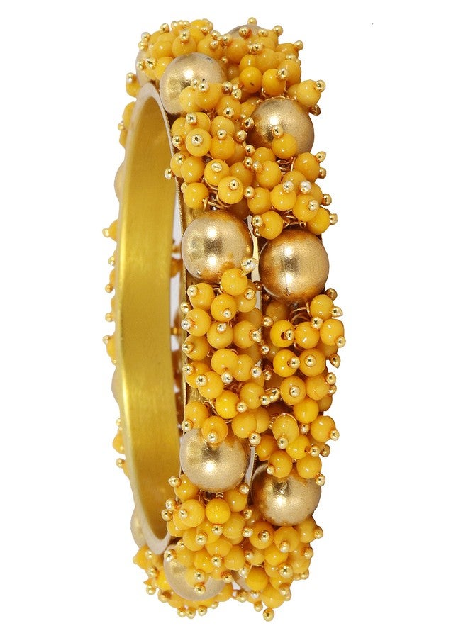 ZULKA Non-Precious Metal with Pearl and Ball Studded Glossy Finished Kada Set For Women and Girls, (Yellow_2.4 Inches), Pack of 2 Kada - Image 2
