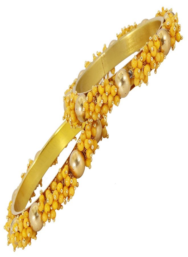 ZULKA Non-Precious Metal with Pearl and Ball Studded Glossy Finished Kada Set For Women and Girls, (Yellow_2.4 Inches), Pack of 2 Kada - Image 4