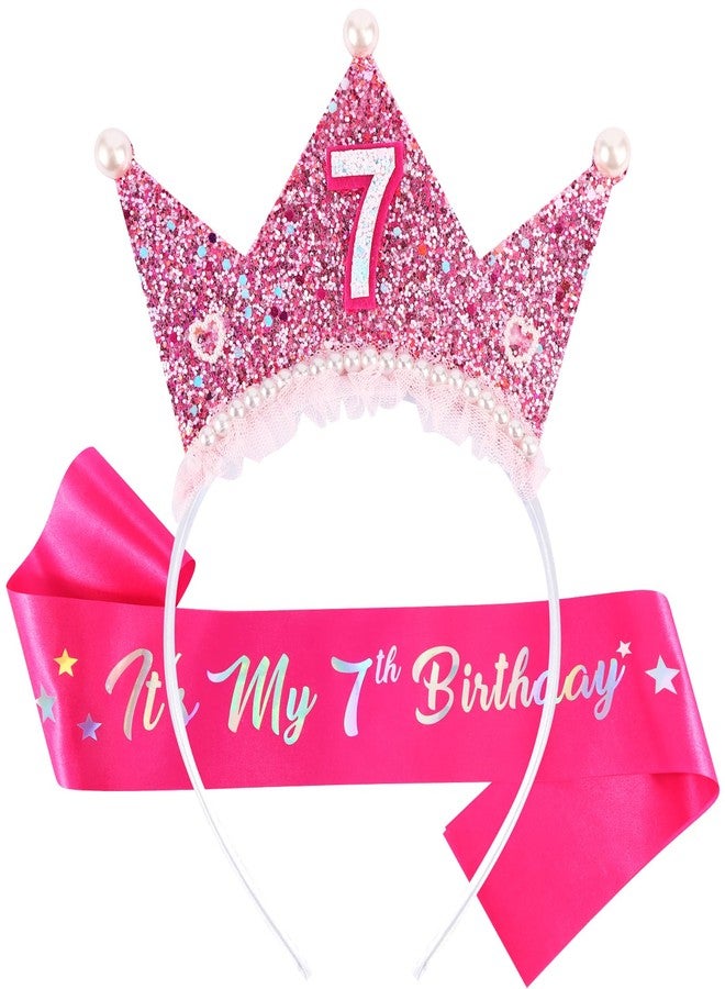 Vovii Birthday Girl Headband with Pearl & Sash Set for 7th Birthday Decorations for Girls, Princess Crown Headband for 7 Year Old Girl Dress Up, Photo Prop & Party Decorations Gifts - Image 1