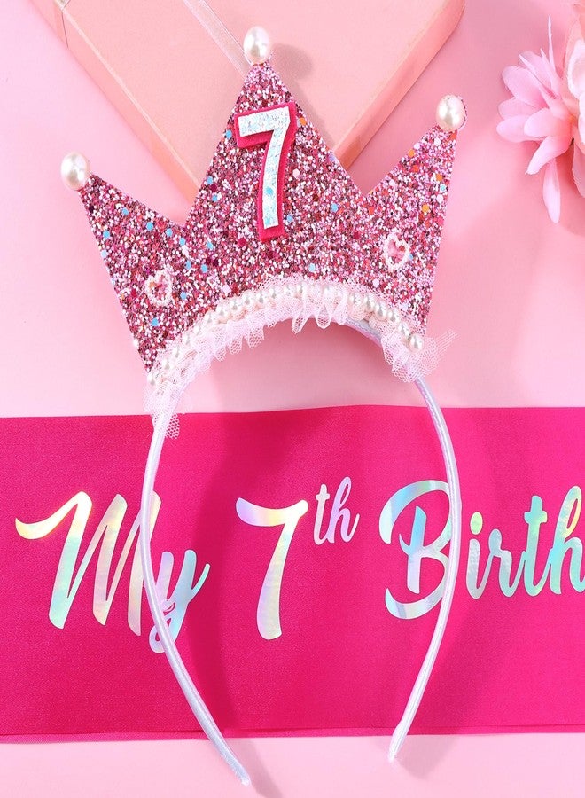 Vovii Birthday Girl Headband with Pearl & Sash Set for 7th Birthday Decorations for Girls, Princess Crown Headband for 7 Year Old Girl Dress Up, Photo Prop & Party Decorations Gifts - Image 2