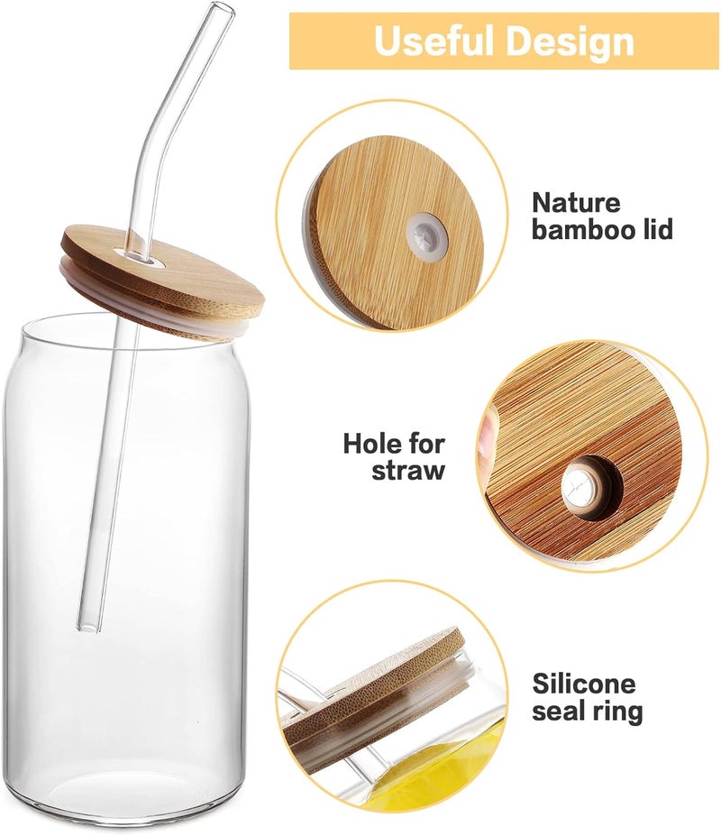 HOMBERKING Glass Cups with Bamboo Lids and Straws 8pcs Set, 20oz Cups, Beer Glasses, Iced Coffee Cups, Cute Tumbler with 2 Cleaning Brushes, Ideal for Cocktail, Whiskey, Tea, Gift - Image 3