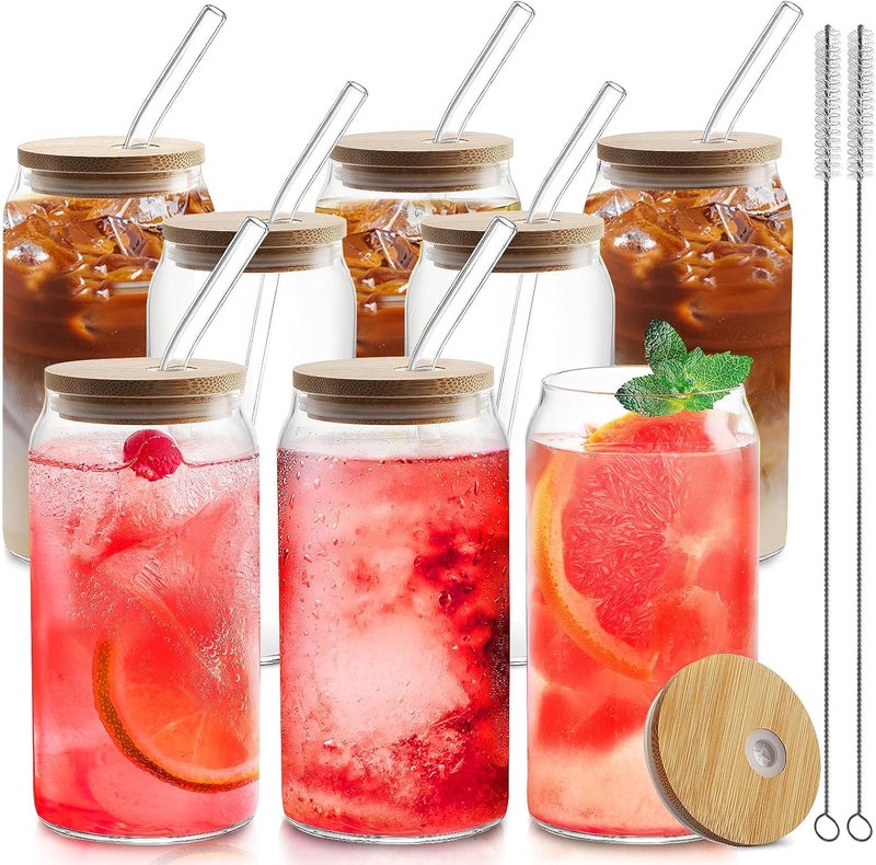 HOMBERKING Glass Cups with Bamboo Lids and Straws 8pcs Set, 20oz Cups, Beer Glasses, Iced Coffee Cups, Cute Tumbler with 2 Cleaning Brushes, Ideal for Cocktail, Whiskey, Tea, Gift - Image 1