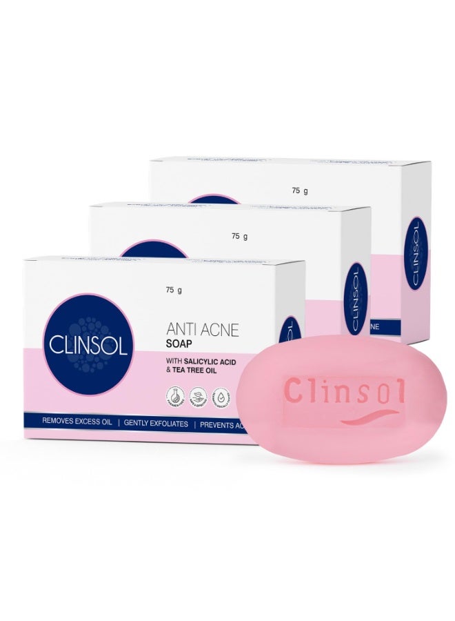 Leeford Clinsol Anti-Acne Soap with Tea Tree Oil & Vitamin E | Acne Fighting Soap for Men & Women | Treats & Prevents Acne, Controls Oil & Sooths Skin Pack of 3 (75g Each) - Image 1