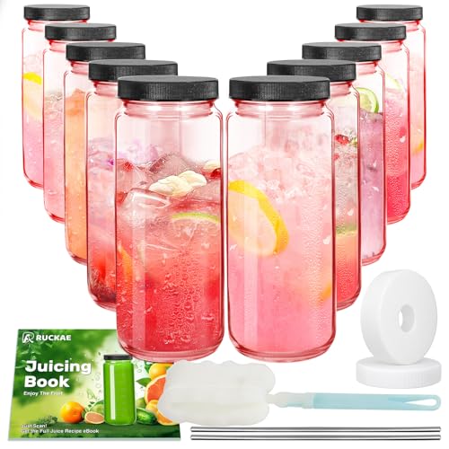 Ruckae Pink 16oz 10 Pack Juice Bottles, Glass Bottles Juicing with Lids, Smoothie Cup Lids and Straws, Water Bottle Mason Jar Drinking Glasses for Juicing, Smoothies, Kombucha - Image 1
