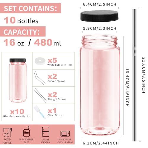Ruckae Pink 16oz 10 Pack Juice Bottles, Glass Bottles Juicing with Lids, Smoothie Cup Lids and Straws, Water Bottle Mason Jar Drinking Glasses for Juicing, Smoothies, Kombucha - Image 2