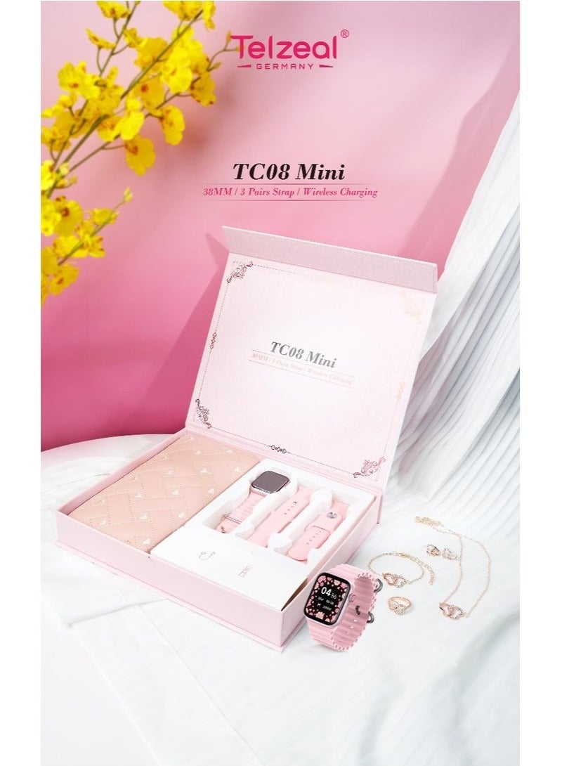 Telzeal TC 08 Mini Smart Watch With 3 Pair Strap Hand Bag Earing Ring And Chain For Ladies Pink  - Image 2