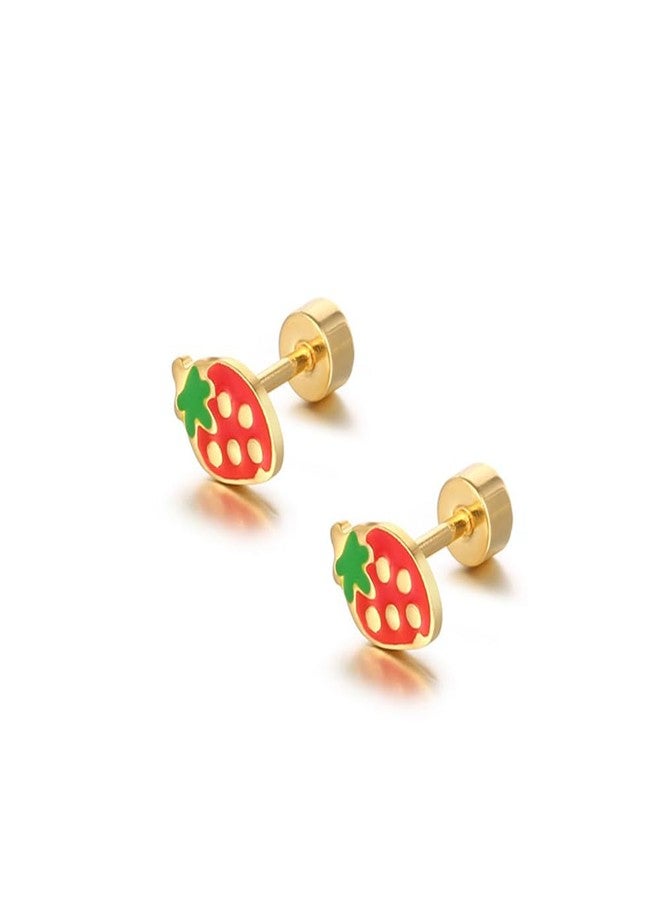 Dtja 18g Tiny Strawberry Stud Earrings Flat Back for Women Surgical Stainless Steel Cute Small Enamel Fruits Cartilage Tragus Screw Sensitive Ear (Red) - Image 1
