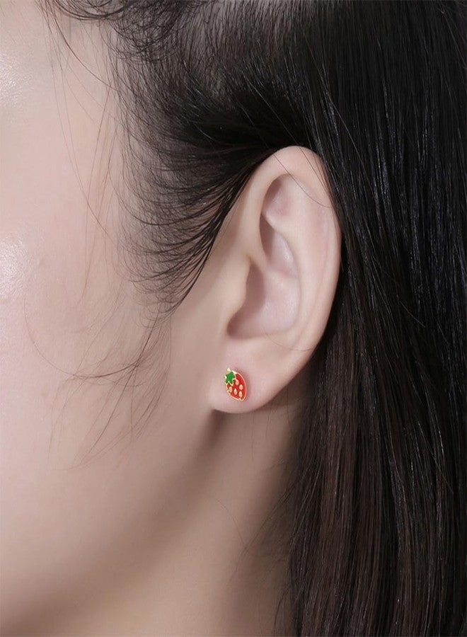 Dtja 18g Tiny Strawberry Stud Earrings Flat Back for Women Surgical Stainless Steel Cute Small Enamel Fruits Cartilage Tragus Screw Sensitive Ear (Red) - Image 2