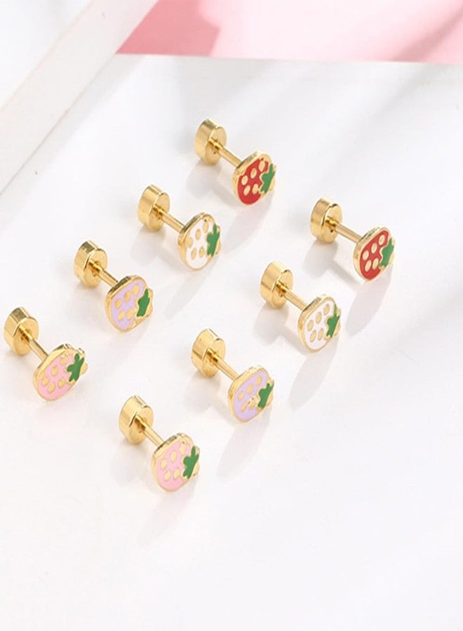Dtja 18g Tiny Strawberry Stud Earrings Flat Back for Women Surgical Stainless Steel Cute Small Enamel Fruits Cartilage Tragus Screw Sensitive Ear (Red) - Image 5