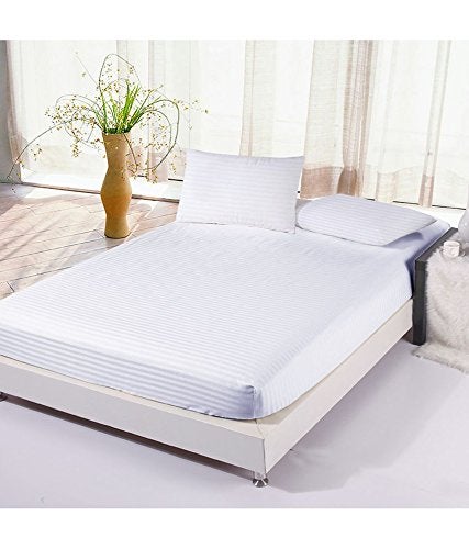 Linenwalas Summer Special 100% Anti-Pilling Cotton 310 TC Satin Stripes King/Double Fitted Bedsheet with 2 Pillow Covers - White - 72x78 x14 - Image 5