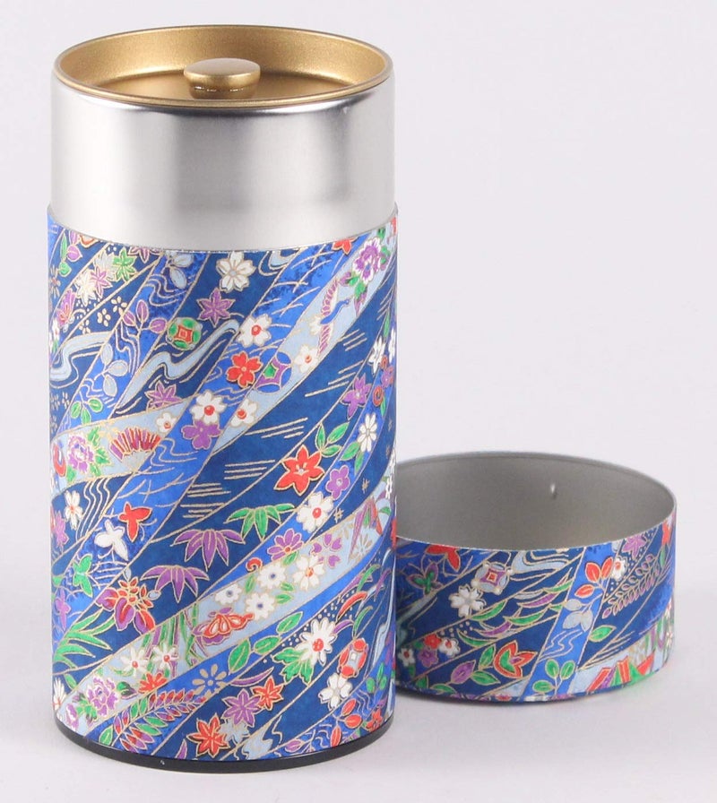 KOTODO Washi Paper Tea Tin Canister: Long 7oz (200g) Shades of Blue Ribbons (#114)  Japan - Image 1