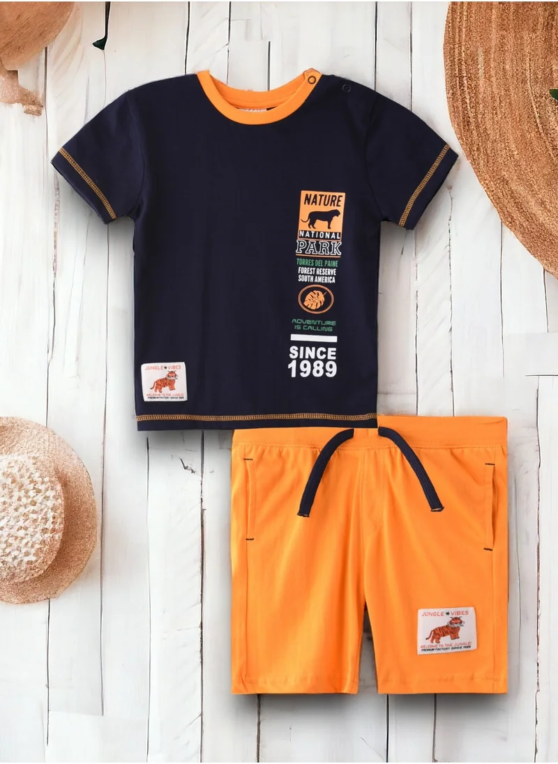 victor and jane BABY BOYS 2PC Set - T-Shirts & Shorts - Navy Blue and Orange
