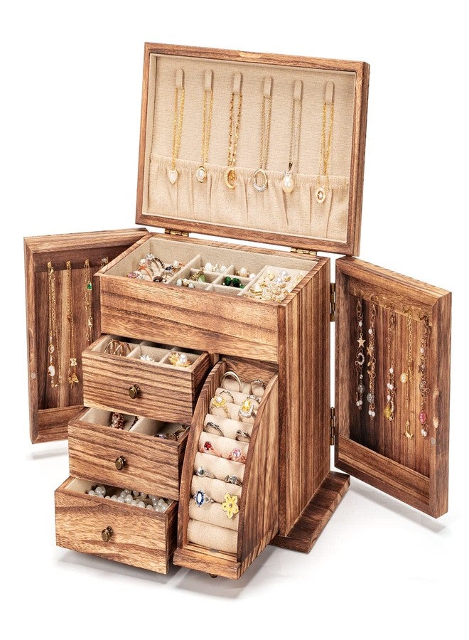 Poyilooo Jewelry Box Organizer, Solid Wood Jewelry Boxes for Women for Storage & Display Necklace Ring Earring Bracelet, Rustic Style Jewelry Organizer Box for Women Gifts (Carbonized Brown) - Image 1