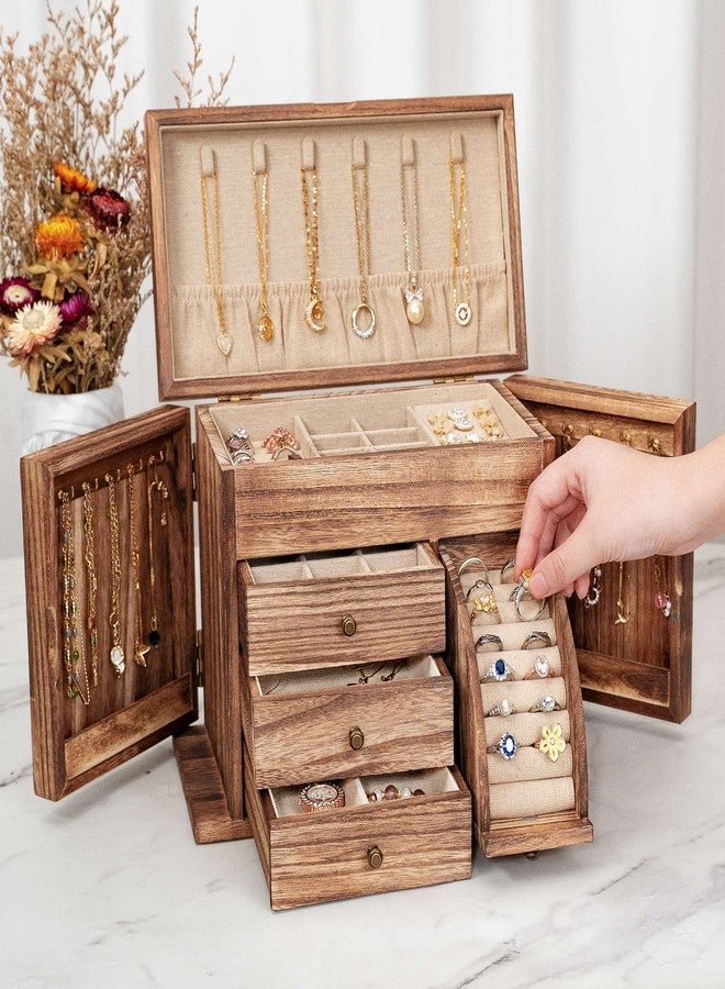 Poyilooo Jewelry Box Organizer, Solid Wood Jewelry Boxes for Women for Storage & Display Necklace Ring Earring Bracelet, Rustic Style Jewelry Organizer Box for Women Gifts (Carbonized Brown) - Image 2