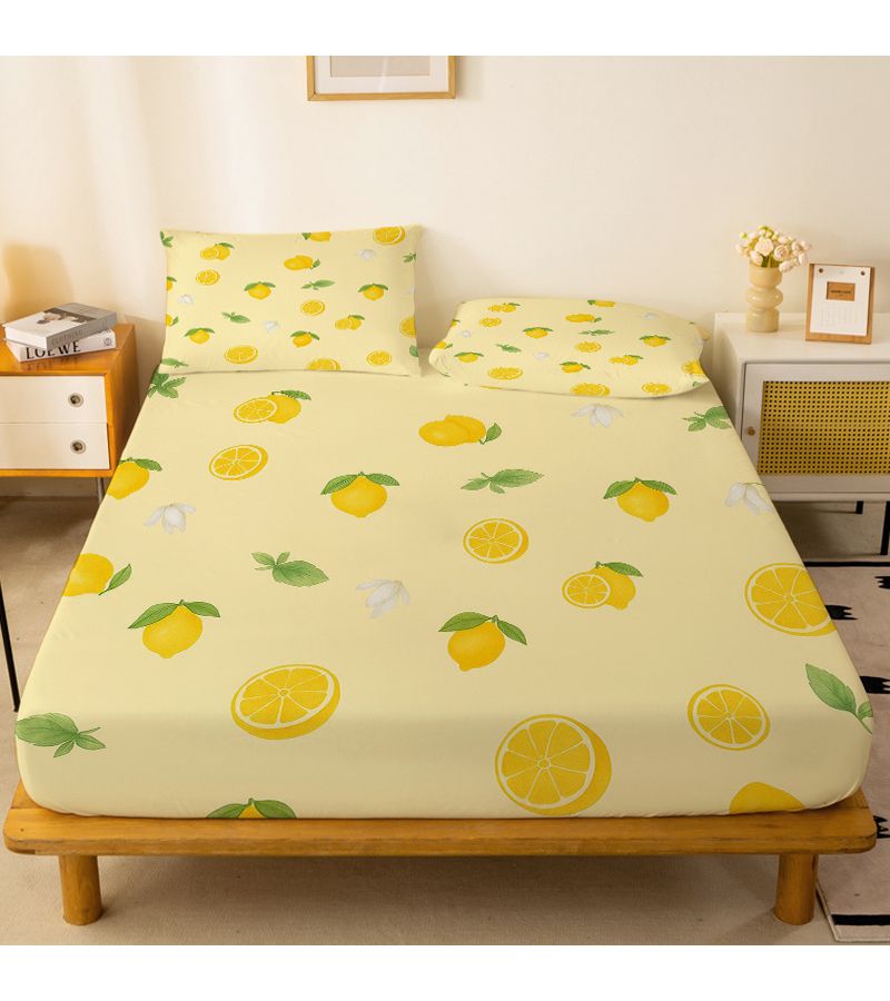 1pc Yellow Lemon And Flower Patterned Fitted Sheet Brushed Bed Skirt Standalone Deep Pocket Soft Fabric 360 Degree Full Wrap Non Slip Mattress Protector For Bedrooms Double Extra Large 55.12 By 78.74 Inches - Image 1