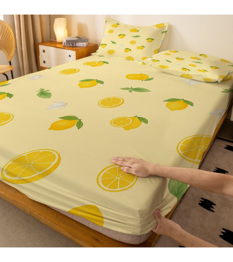 1pc Yellow Lemon And Flower Patterned Fitted Sheet Brushed Bed Skirt Standalone Deep Pocket Soft Fabric 360 Degree Full Wrap Non Slip Mattress Protector For Bedrooms Double Extra Large 55.12 By 78.74 Inches - Image 2