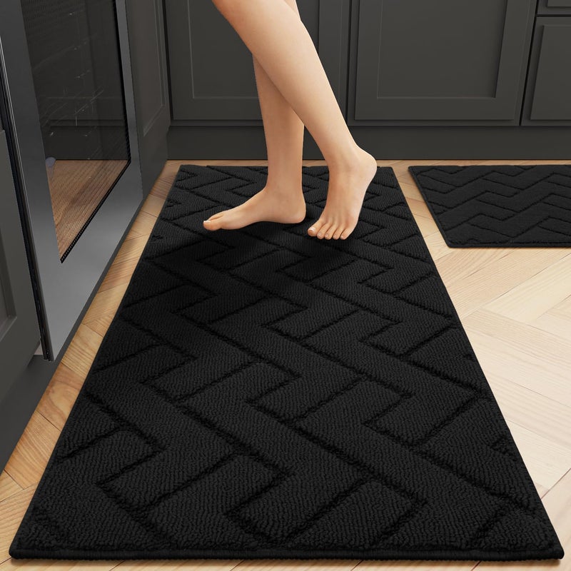 hicorfe Kitchen Runner Rug and Mats Sets,2 Pieces Super Absorbent Polypropylene Non-Slip Rug,Soft Comfort Floor Mat,Washable for Kitchen,Hallway,Office,Sink,Laundry(20" x 32"+20" x 59",Black) - Image 1