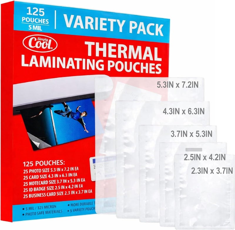 Simply Cool 5MIL Thermal Laminating Pouches (125 Count) Photo, Card, Notecard, ID Badge and Business Card Sizes Dry-Erase Friendly Sheets, Compatible with Laminators Crystal Clear Laminated Finish - Image 1