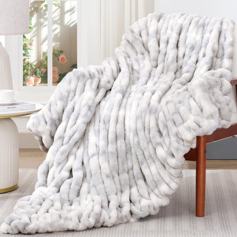 Touchat Ruched Faux Rabbit Fur Throw Blanket 700 GSM Luxury DualSided Soft Cozy Blanket Fuzzy Fluffy Plush Blanket for Bed Couch and Sofa  50x60 Tiedye Gray