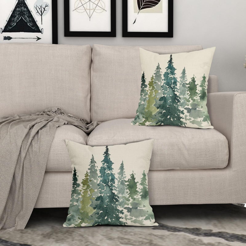 Aytipun Watercolor Tree Pillow Covers 18x18 Set of 2 Green Teal Forest Rustic Nature Themed Decorative Throw Pillows Winter Christmas Outdoor Farmhouse Linen Cushion Case Decor for Sofa Couch Bed - Image 3