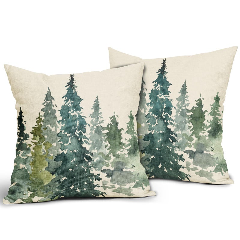 Aytipun Watercolor Tree Pillow Covers 18x18 Set of 2 Green Teal Forest Rustic Nature Themed Decorative Throw Pillows Winter Christmas Outdoor Farmhouse Linen Cushion Case Decor for Sofa Couch Bed - Image 2