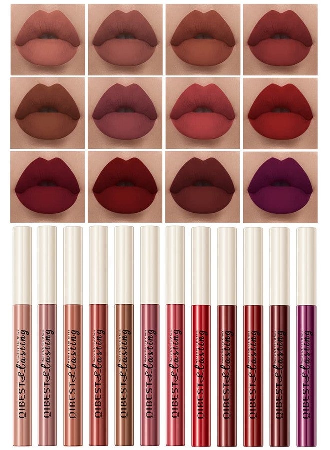 QiBest 12Pcs Matte Liquid Lipstick Set for Girls & Women, 24 Hours Long Lasting Waterproof Nude & Dark Red Lip Gloss Makeup Gift Kits, Velvet Non-Stick Cup Mate Duracion 24 Horas Originales Lip Stains - Image 1