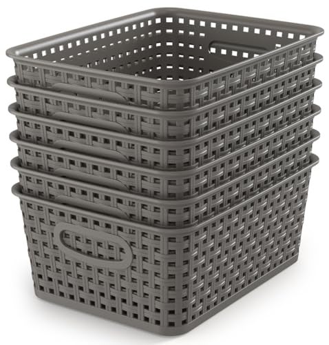 WYT Weave Storage Organizer Baskets, Grey 6-Pack Plastic Woven Baskets, 10.1" x 7.55" x 4.1" - Image 1