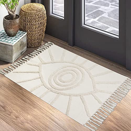 Uphome Boho Bathroom Rugs 2'x3' Beige Evil Eye Tufted Entryway Mat with Tassels Soft Machine Washable Cotton Small Rug Modern Minimalist Accent Throw Rug for Sink Kitchen Bedroom Doorway - Image 1